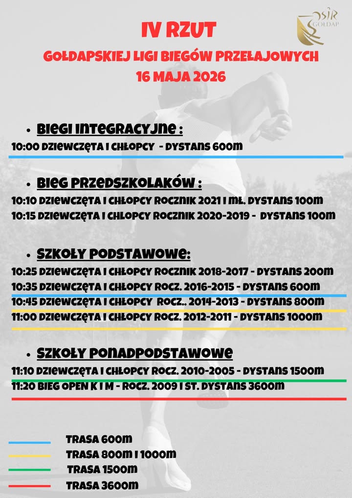IV rzut Gołdapskiej Ligi Biegów Przełajowych - program wydarzenia