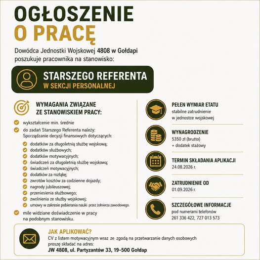 Nabór do jednostki wojskowej 4808 w Gołdapi na dwa stanowiska pracy