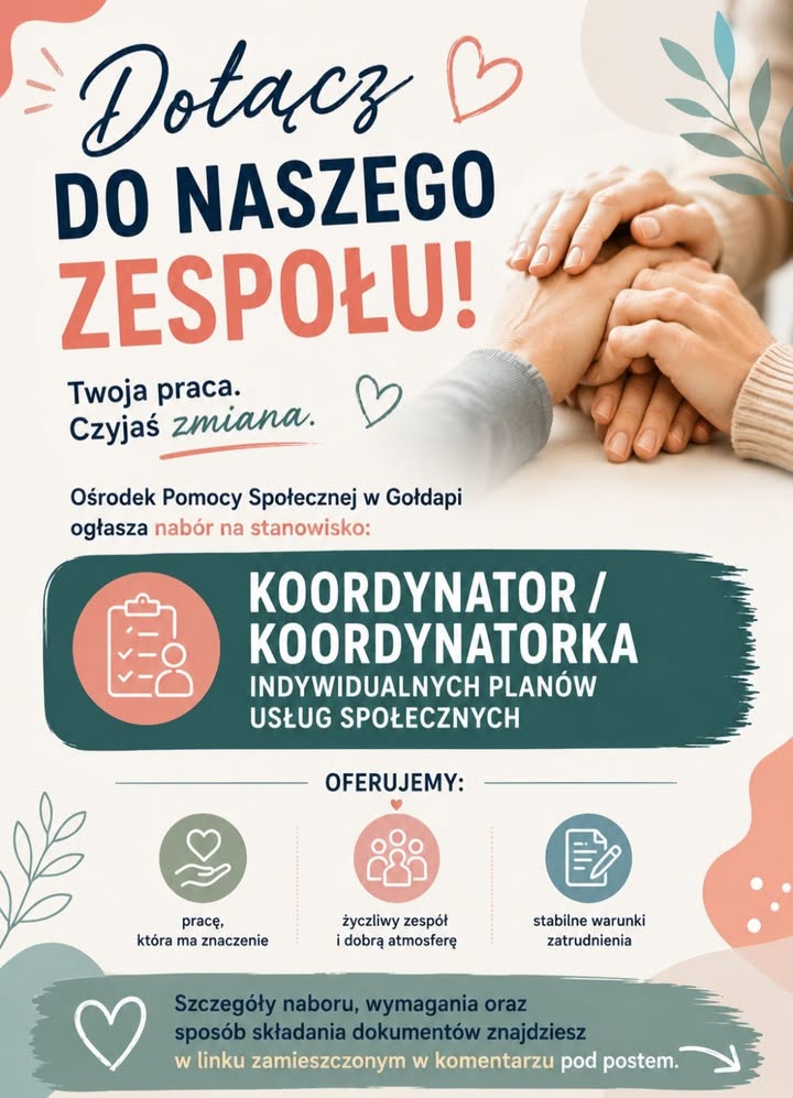 Ośrodek Pomocy Społecznej w Gołdapi prowadzi nabór na koordynatora usług społecznych