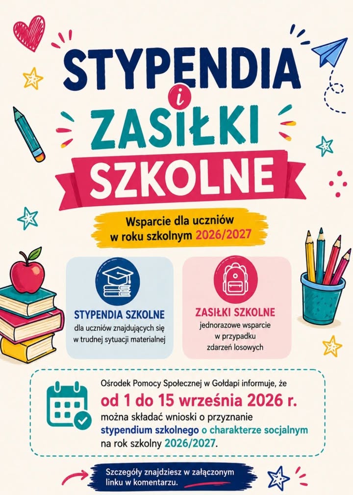 Stypendium szkolne w Gołdapi – nabór wniosków od 1 do 15 września 2026 r.