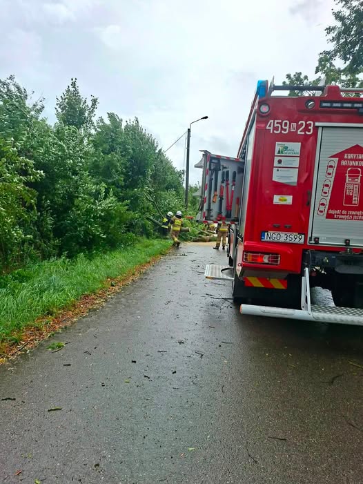 Alarm w gminie Banie Mazurskie: interwencje służb z powodu złomów drzew i kolizji drogowej